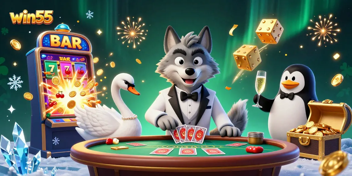 Engage with win55 at an exciting baccarat table surrounded by festive casino elements and characters.