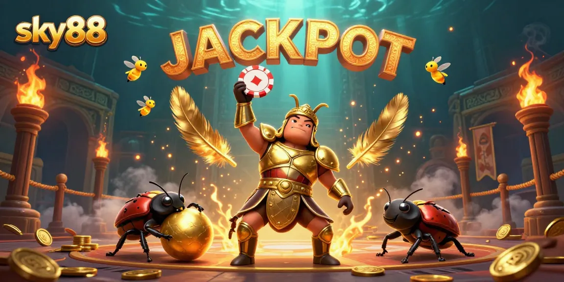 Engage in thrilling gameplay at sky88 with a cartoon beetle duo in a vibrant casino setting.