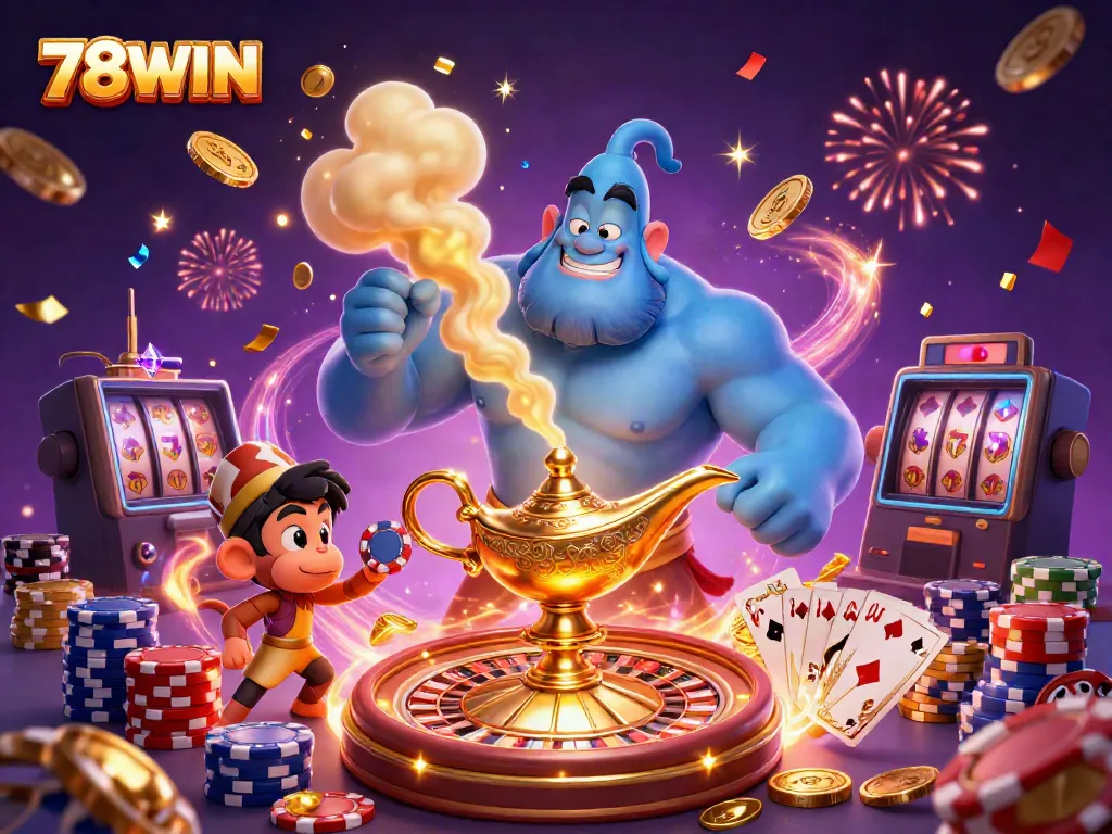 Experience exciting gaming adventures with 78WIN surrounded by casino elements like golden chips and a magical genie.