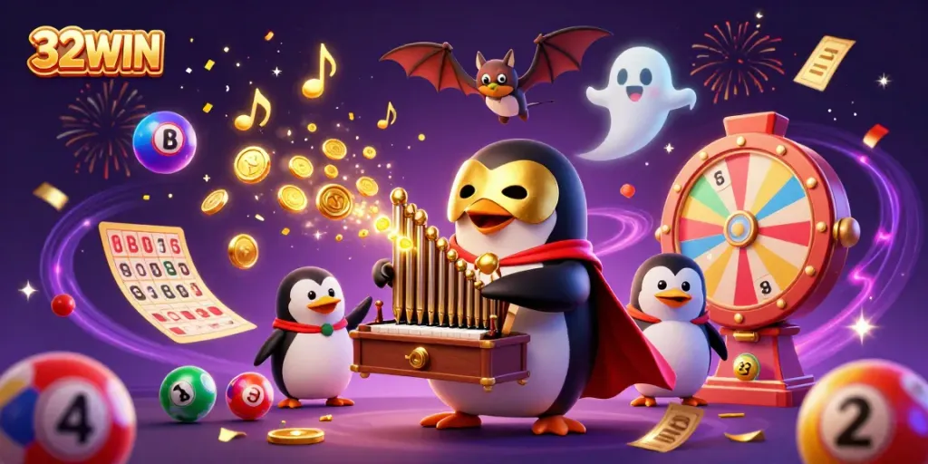 Engage in thrilling casino games at 32WIN with vibrant scenes and golden rewards.