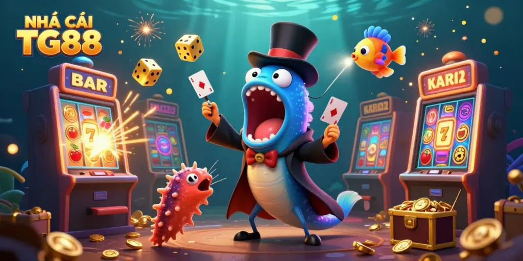 Experience the excitement of NHÀ CÁI TG88 with vibrant underwater casino magic featuring animated sea creatures and jackpot elements.
