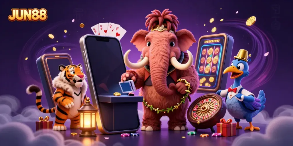Experience thrilling fun at JUN88 in a colorful casino scene with whimsical characters and dynamic gaming elements.
