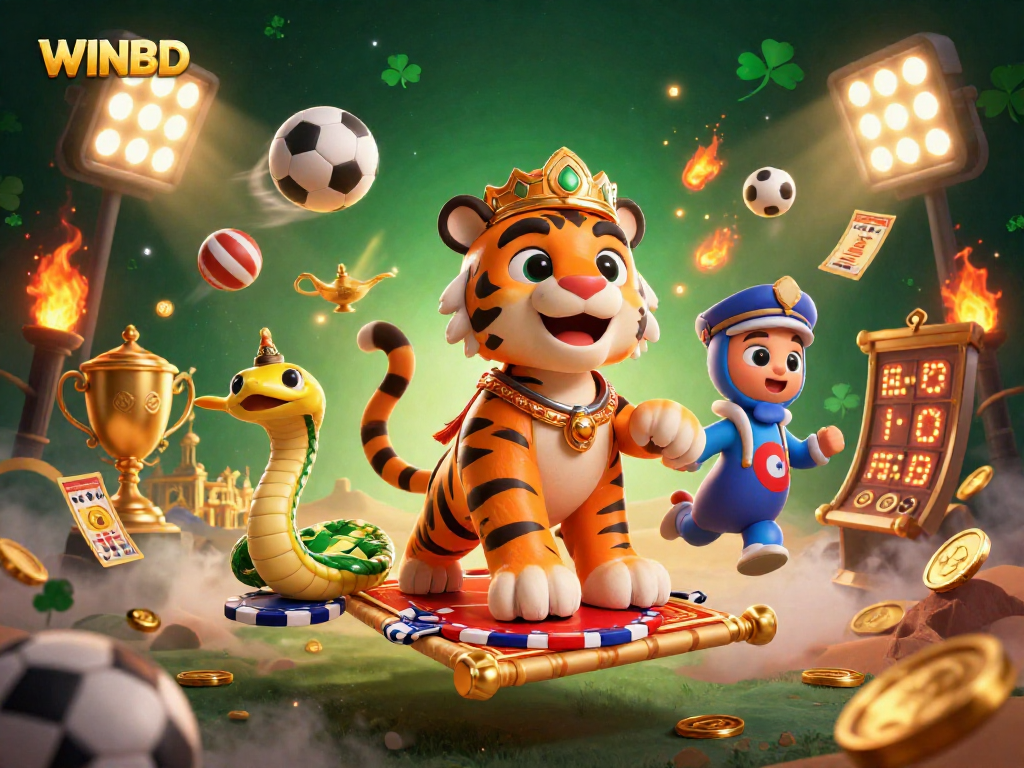 WINBD offers dynamic sports betting action with vibrant elements and engaging characters in a captivating casino scene.