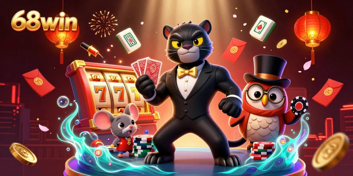 Experience the thrill of 68win with engaging slot games and dynamic characters in a vibrant casino scene.