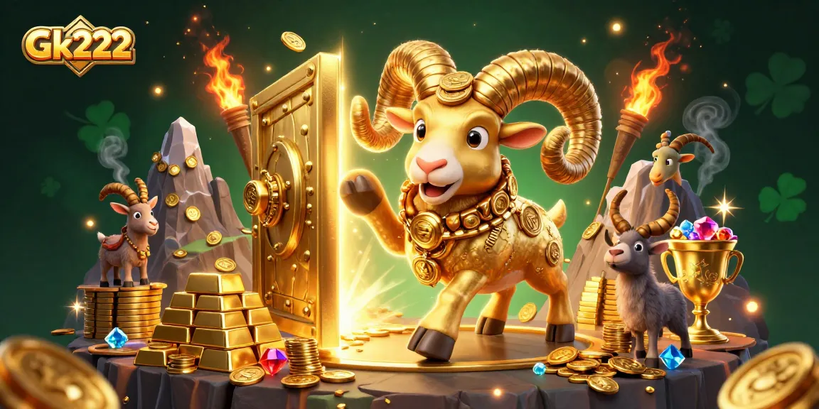 Gk222 golden ram charging through a treasure vault, showcasing vibrant gambling excitement and casino themes.