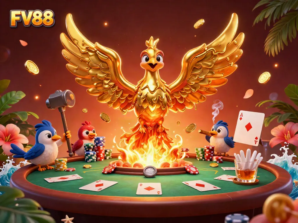 Experience thrilling gameplay at FV88 with a dazzling phoenix and poker scene.