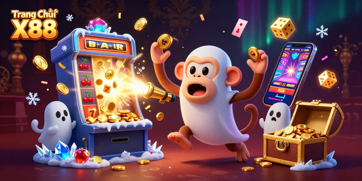 Experience the thrill of Trang Chủ X88 as a mischievous monkey juggles golden coins and playing cards in an exciting casino atmosphere.