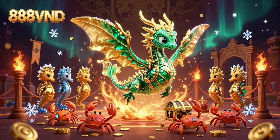 Engage with 888VND featuring a luxurious sea dragon and treasure amidst golden coins and vibrant casino elements.