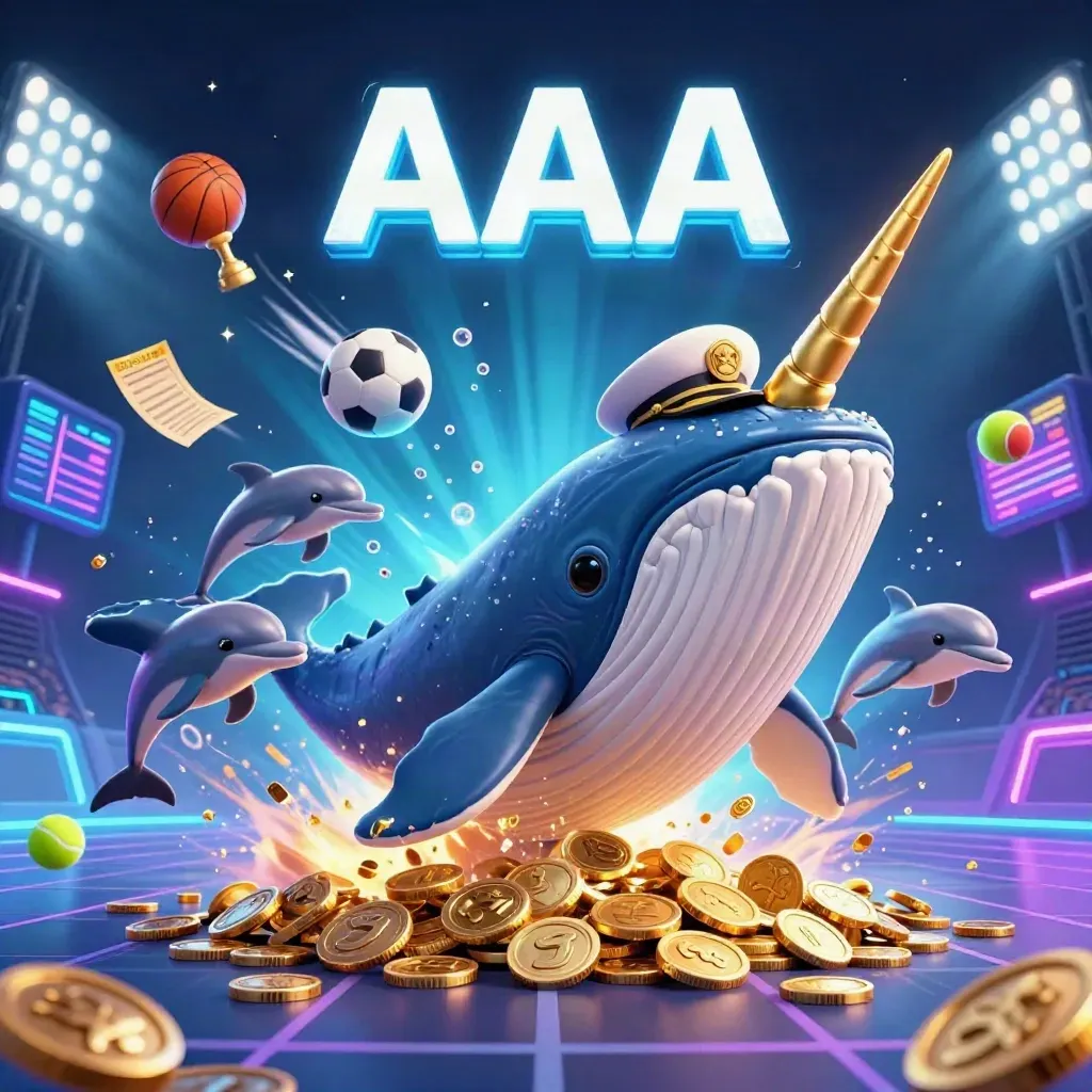 Whale captain, narwhal, and dolphins amid flying sports balls, coins, trophy, and neon floodlights.