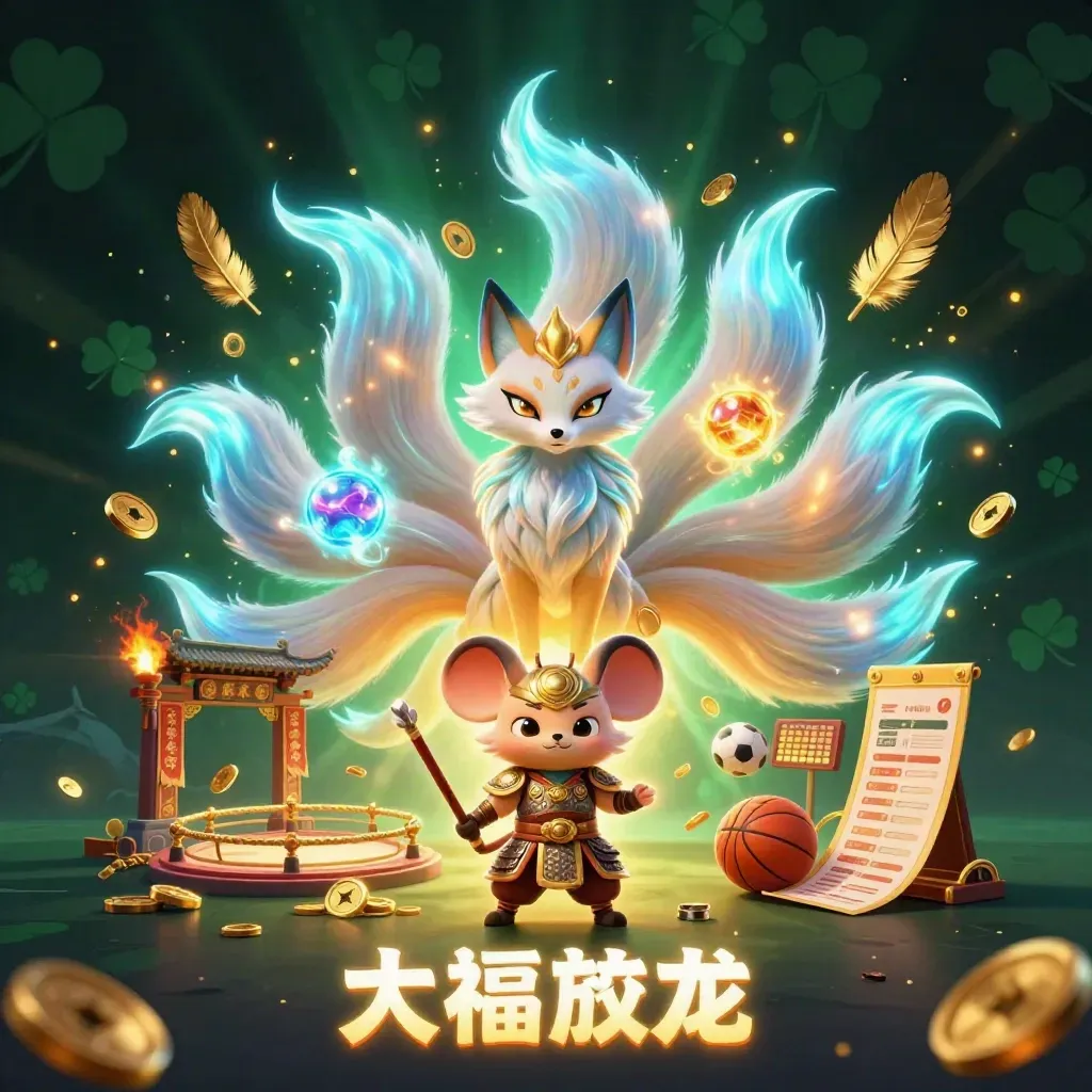 Fox spirit and samurai mouse in a neon casino fantasy with gold, orbs, and sports items
