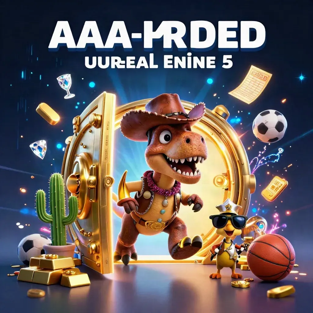 Cowboy T-rex, cactus sidekick and roadrunner burst from a glowing vault with gold and neon blue energy.