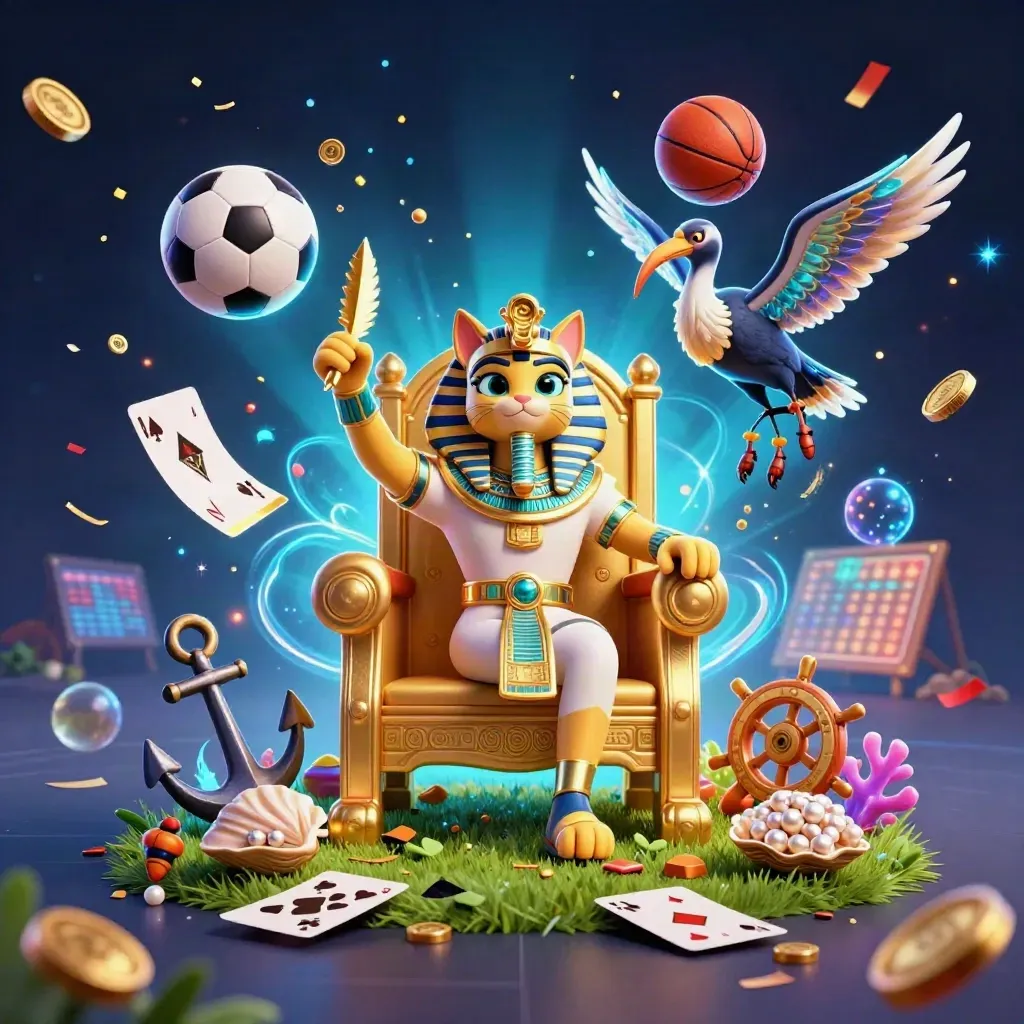 Pharaoh cat, ibis scribe and gem scarabs amid balls, coins and neon treasure-cove effects.