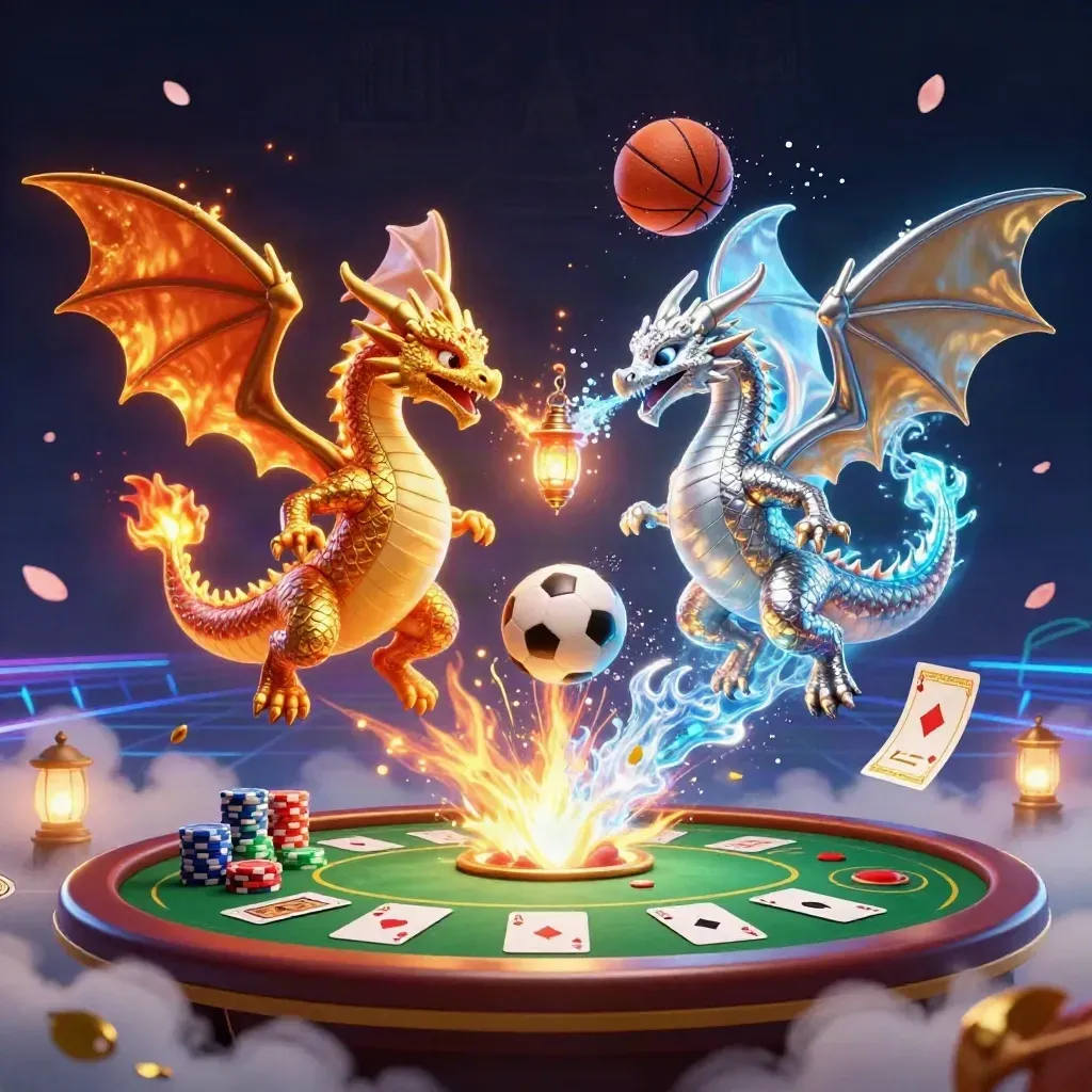 Twin dragons amid casino chips, cards, and floating sports balls in neon light.