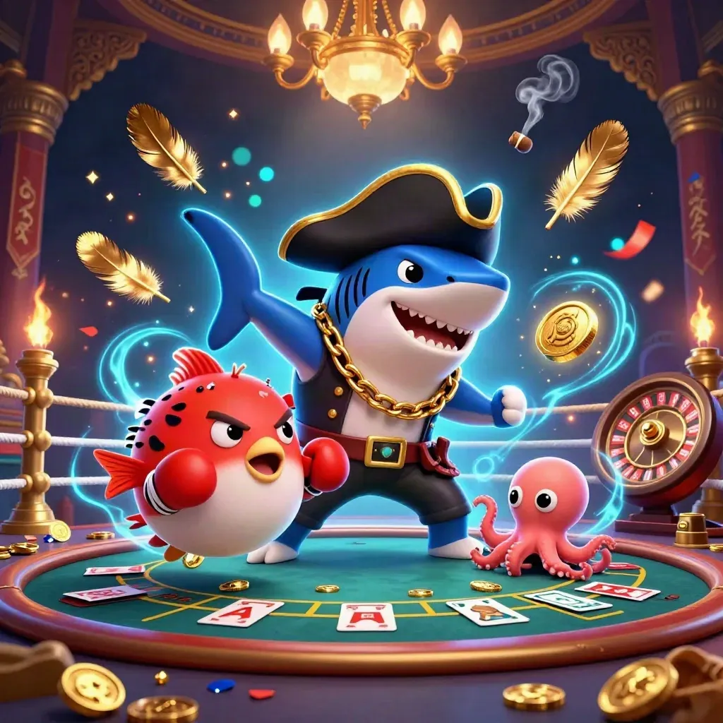Pirate shark, boxing pufferfish and juggling octopus in a luxe neon casino scene.