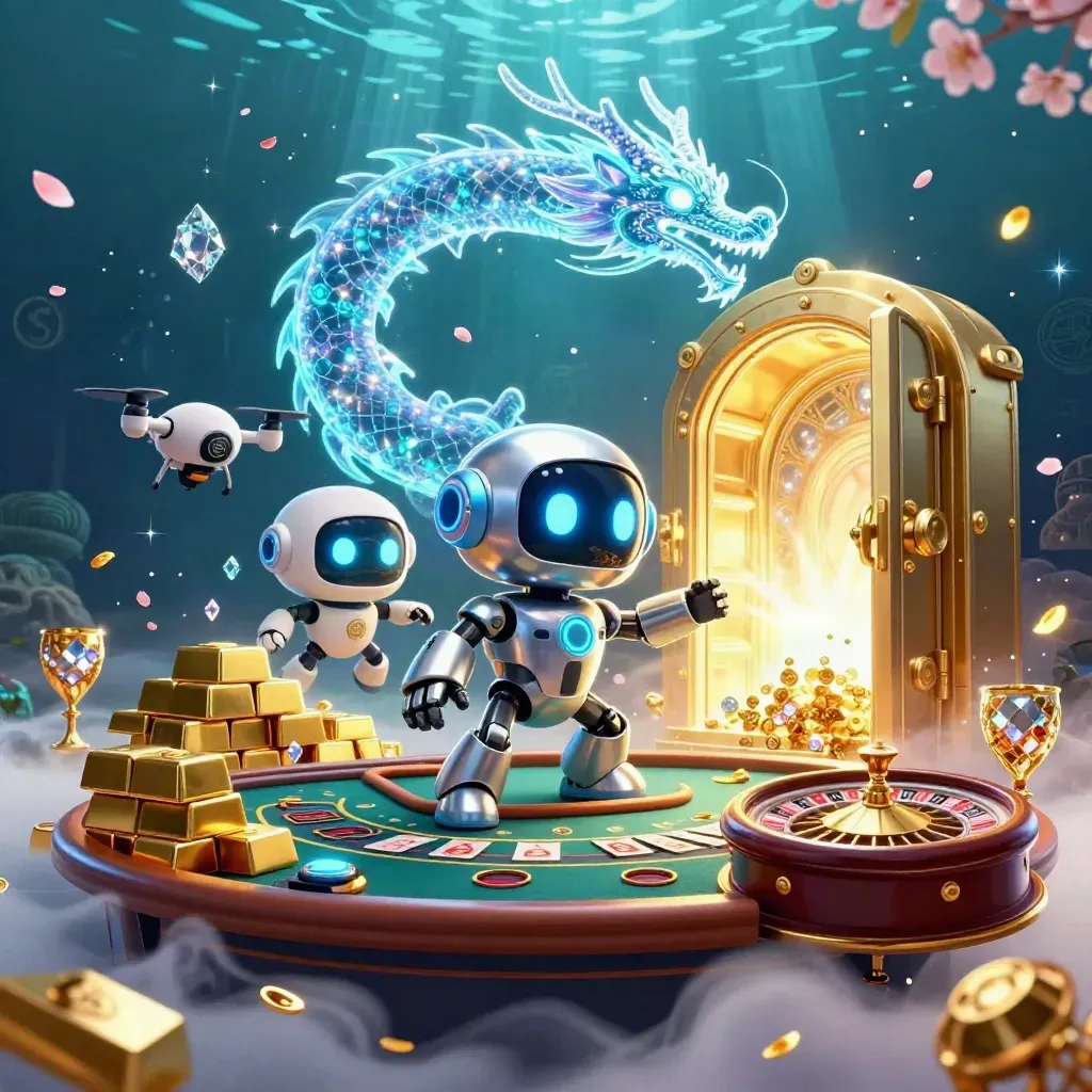 Cyberpunk robot, holographic dragon, and drone amid gold vault, cards, and casino glow.