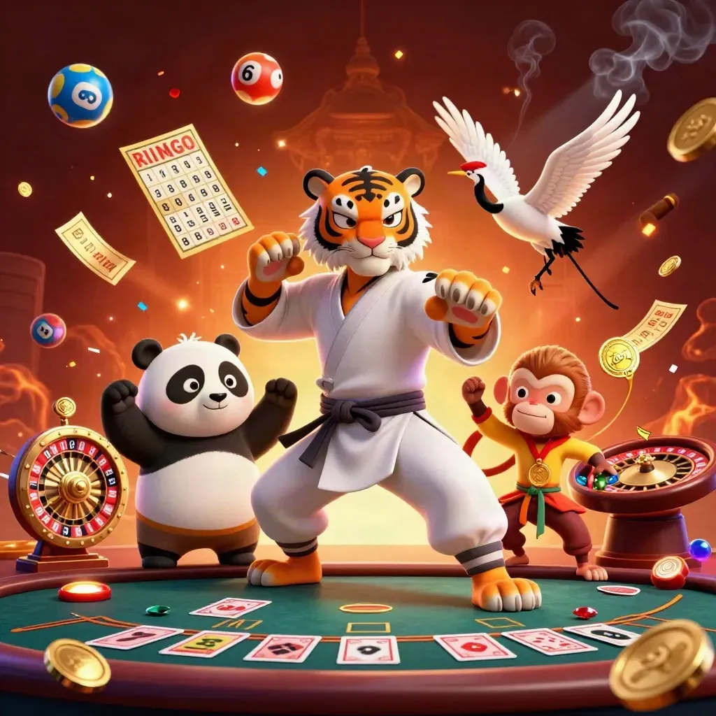 Tiger, panda, and monkey in a neon casino, with glowing game props and ember-lit luxury.