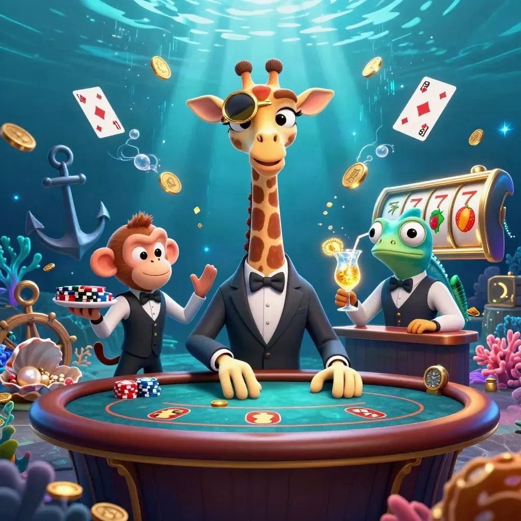 Giraffe, monkey, and chameleon at a glowing underwater poker table with treasure bursts
