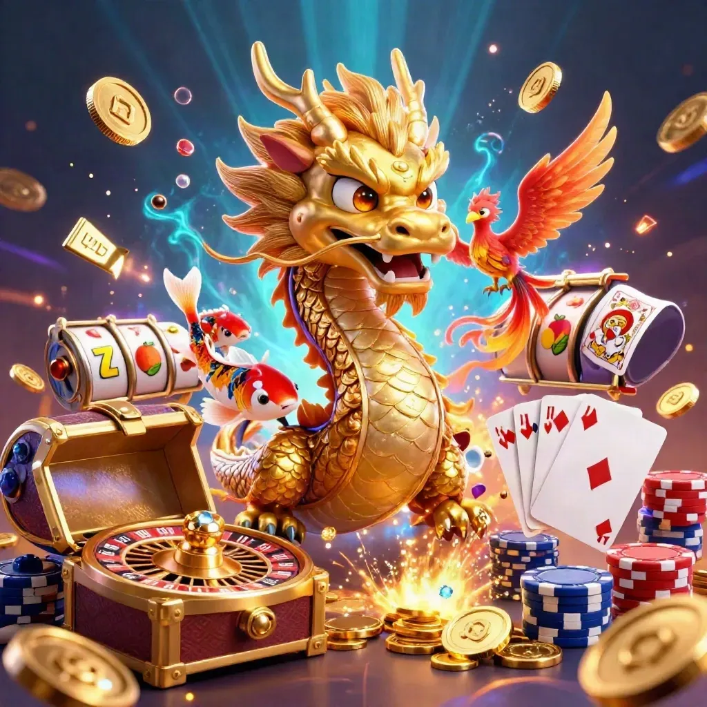 Golden dragon, red phoenix and koi erupting with treasure, chips, cards and glowing casino energy.