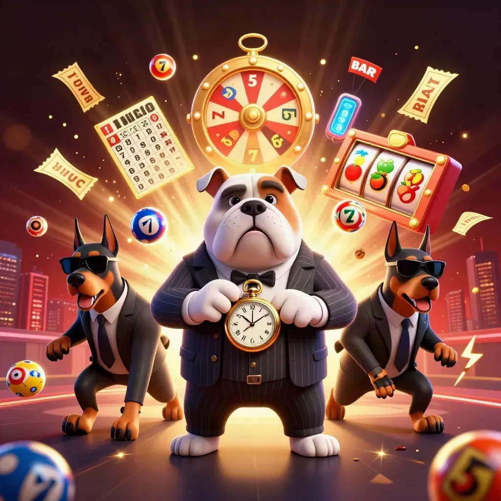 Mafia bulldog and Doberman guards amid casino bursts, gold tickets, and spinning prizes