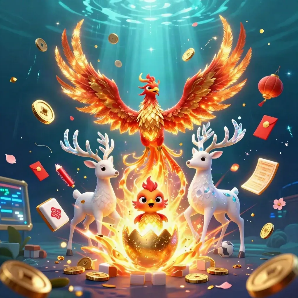 Phoenix trio with coins, lanterns, fireworks, stag, and blue-gold casino glow
