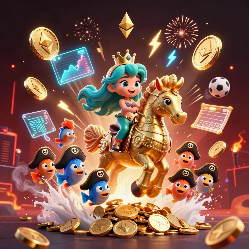 Mermaid princess rides a gold seahorse amid coins, fireworks, sports gear, and neon casino effects.