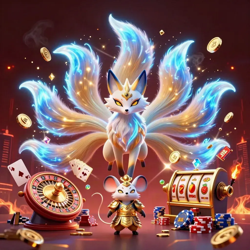 Nine-tailed fox spirit and samurai mouse amid coins, reels, chips and glowing casino effects.