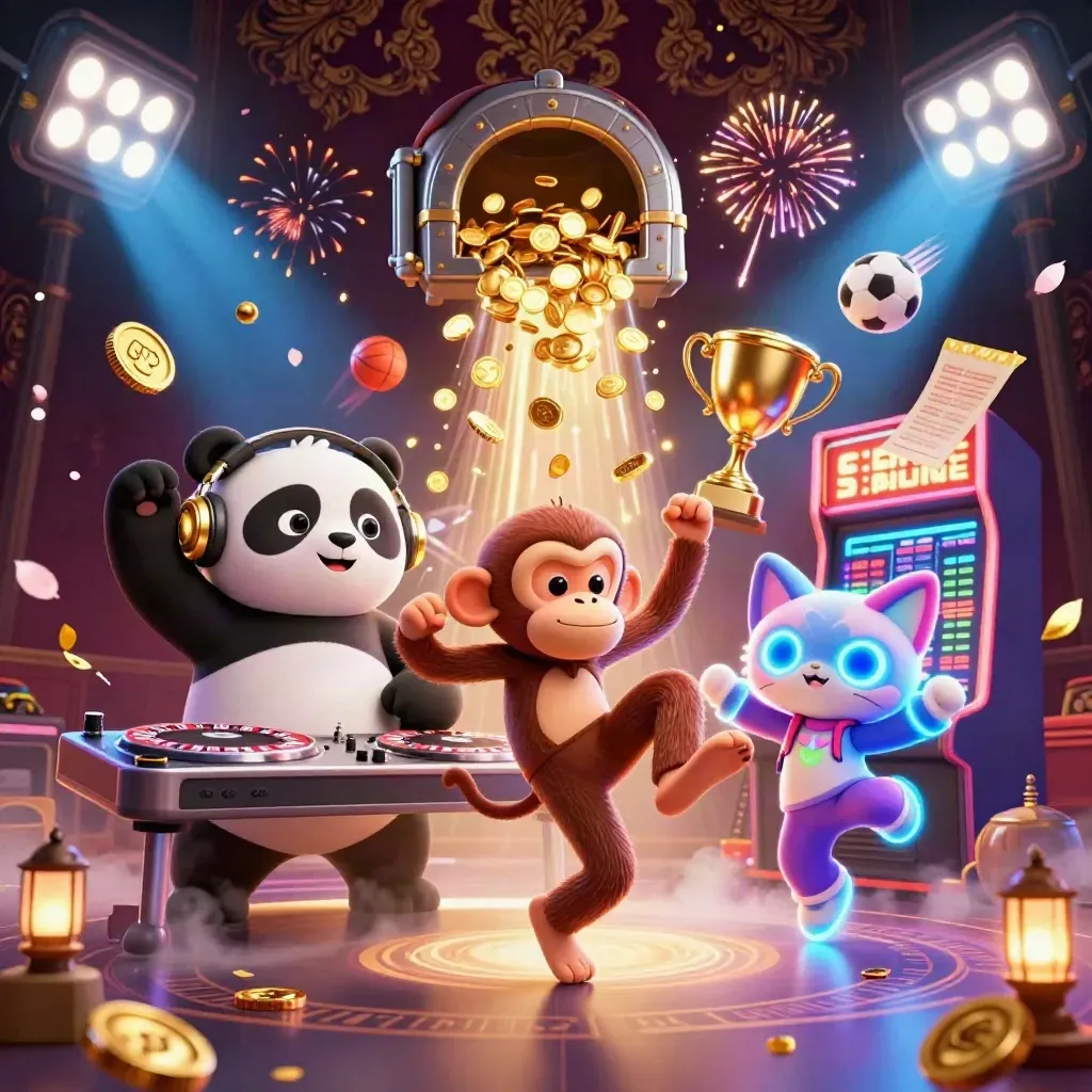 DJ panda, breakdancing monkey, and glow-stick kitten amid coins, fireworks, and sports balls