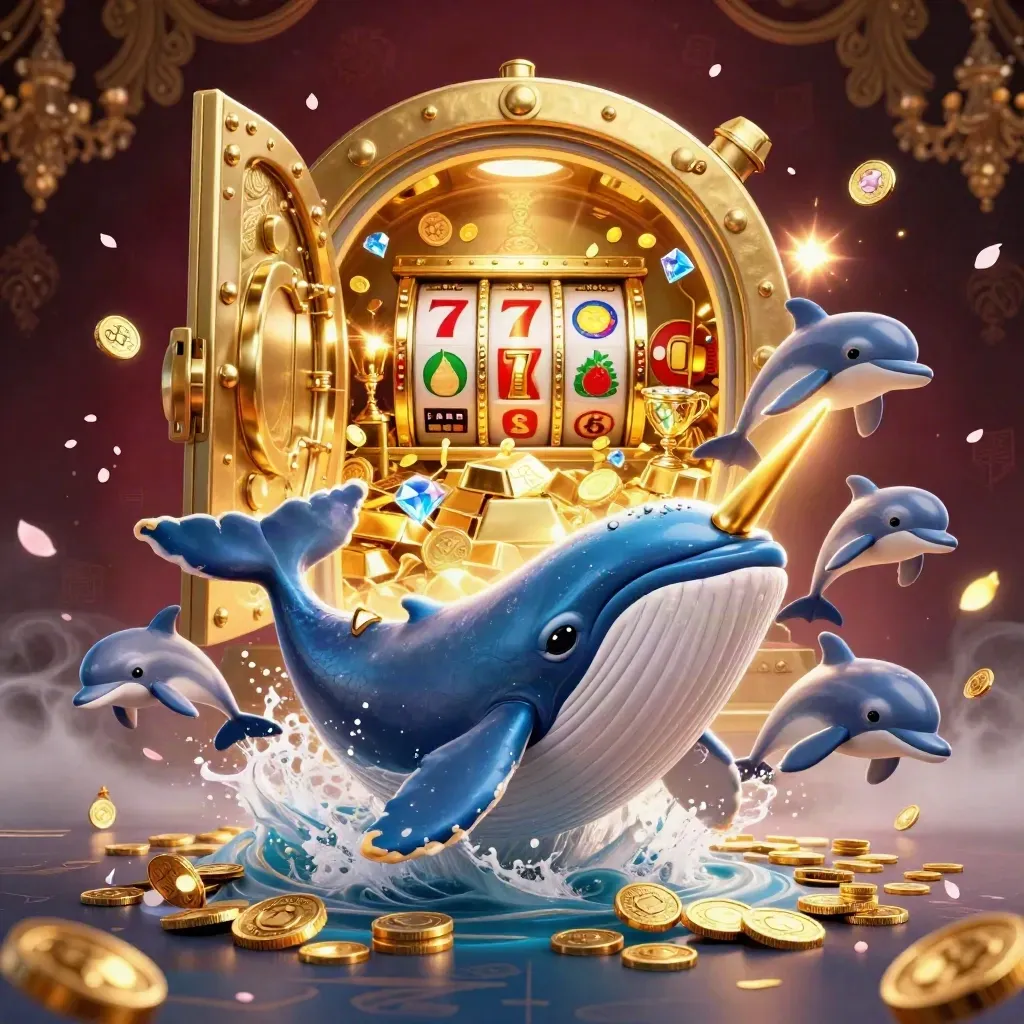 Whale captain, narwhal and dolphins burst through coins with vault gold, reels and petals.