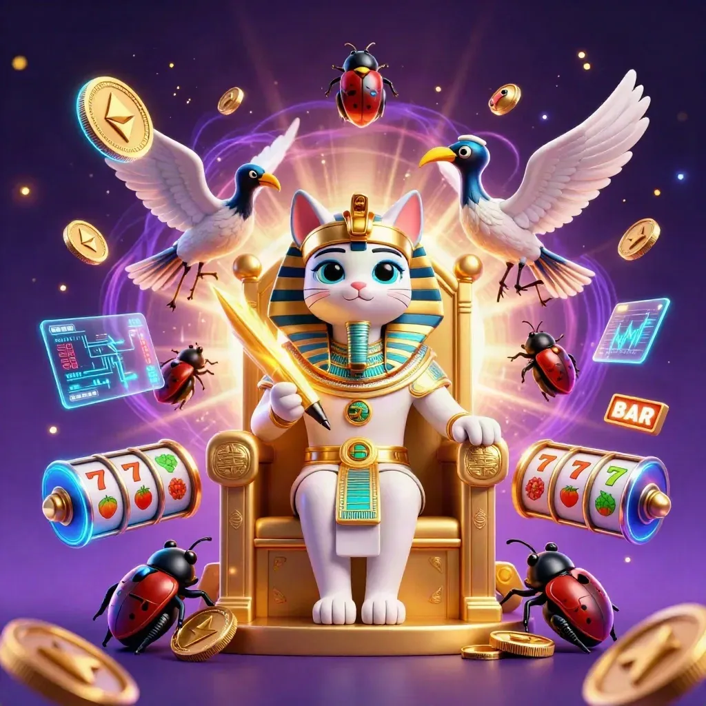 Pharaoh cat on throne with ibis scribe, scarabs, coins, lightning, and neon casino effects