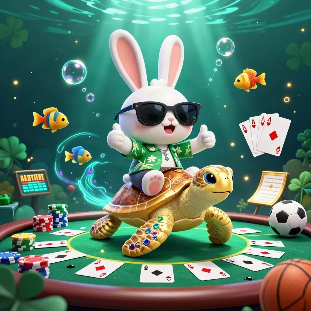 Lucky rabbit on a golden turtle with chips, aces, fish, balls and neon casino glow