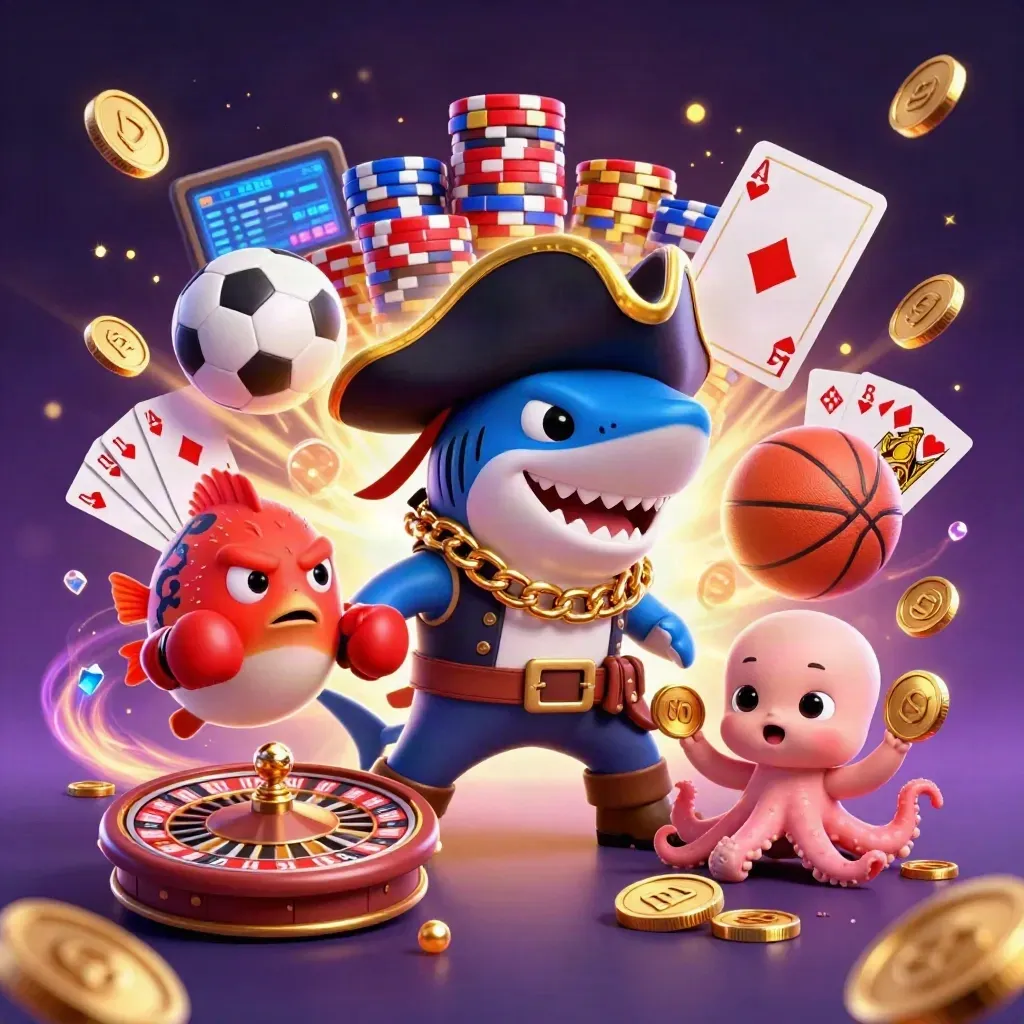 Pirate shark, boxing pufferfish, and juggling octopus amid coins, chips, and casino lights.