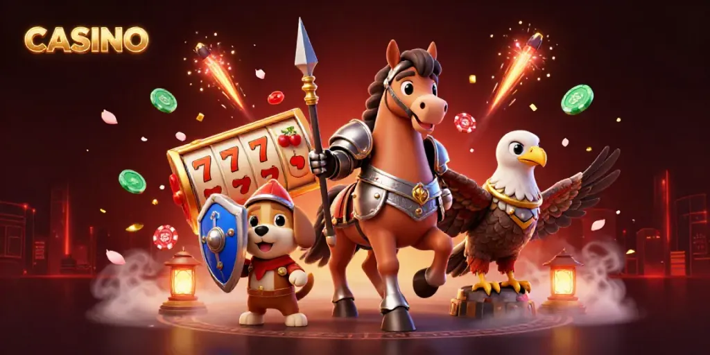 Engage in a thrilling casino adventure with knights, vibrant slots, and festive fireworks.