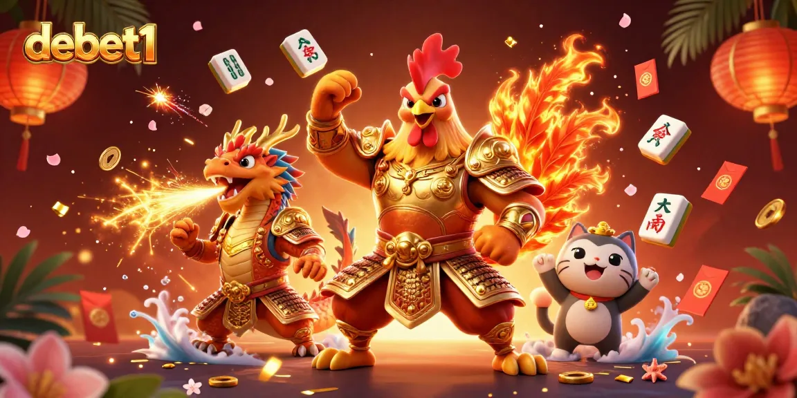 Engage with debet1 in a vibrant 3D casino scene featuring a rooster warrior and dragon hatchling.