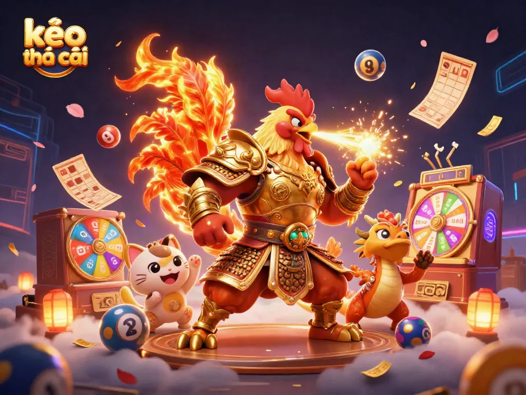 Watch powerful kèo nhà cái characters engage with vibrant lottery balls and dynamic game elements.