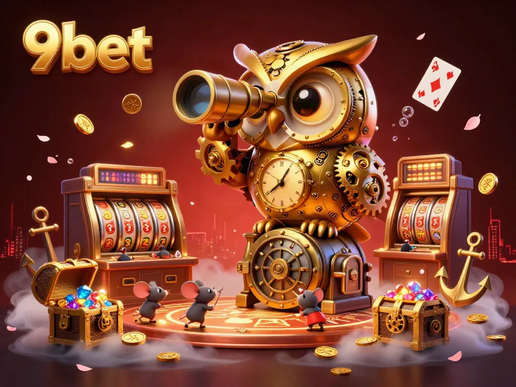 Experience the thrilling atmosphere at 9bet's casino with a captivating clockwork owl surveying the gold-filled slots.