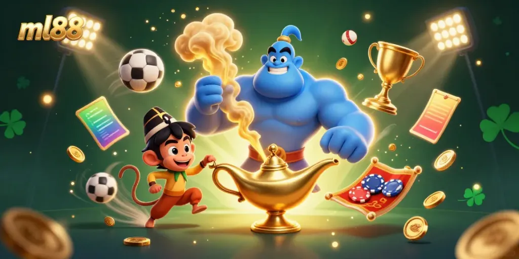 Experience the thrill of ML88 with a dynamic casino scene featuring playful characters, sports elements, and glowing magic.