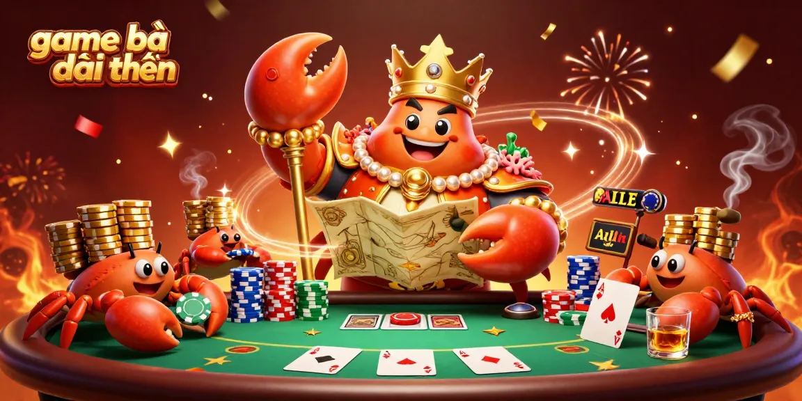 Engage in game bài đổi thưởng with a vibrant illustration of a golden crab emperor presiding over a poker game site.