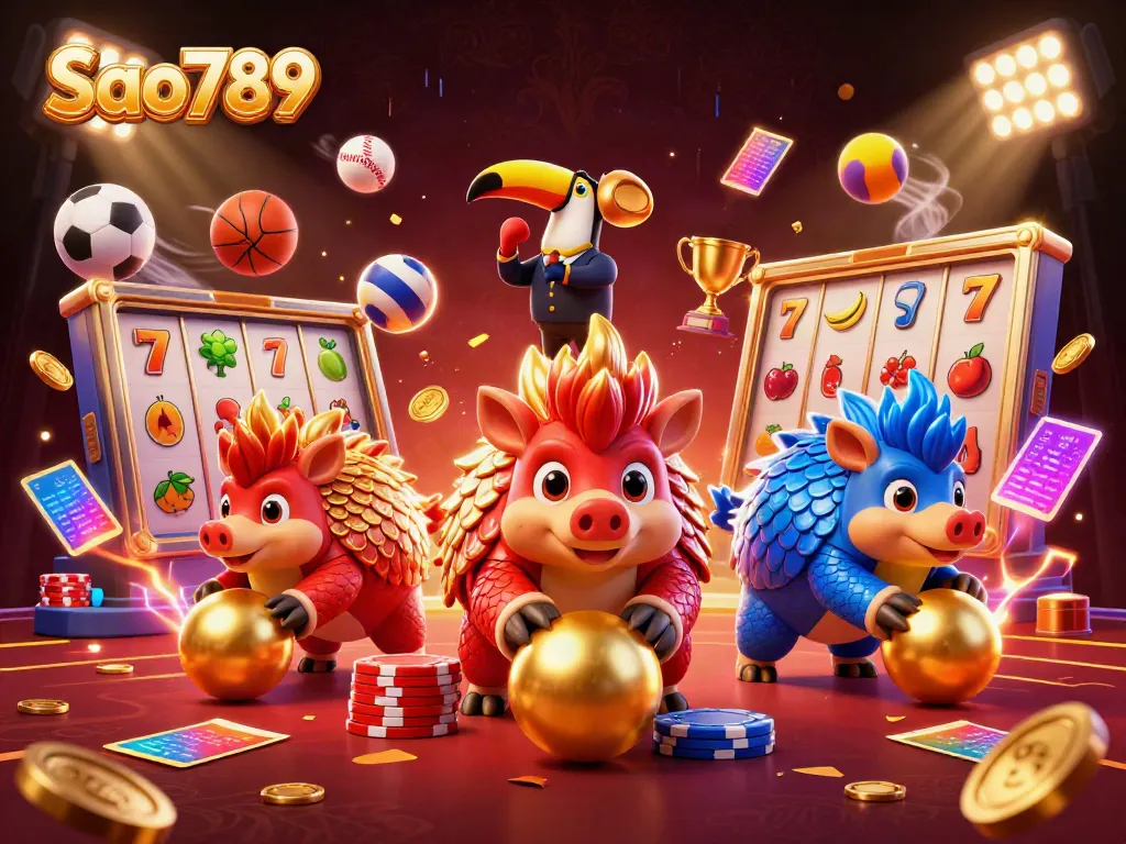 Sao789 showcases a vibrant 3D scene of rival pangolins bowling through poker chips amidst lively slot and sports elements.