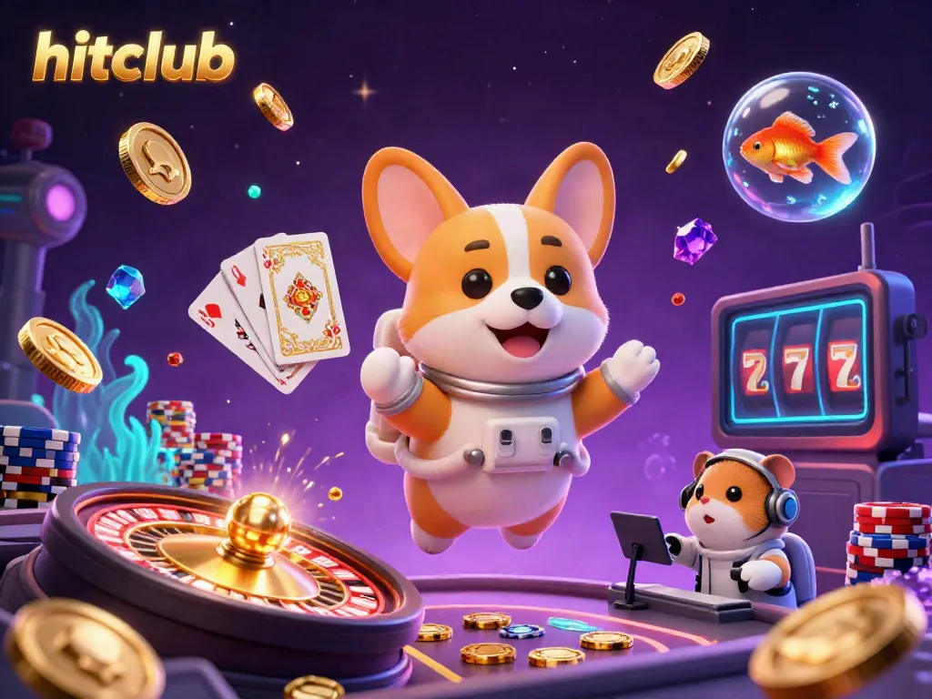 Win thrilling jackpots at hitclub with a vibrant 3D casino experience featuring floating coins and characters.