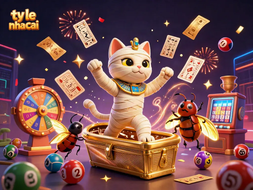 Engage with ty le nha cai as colorful lottery elements, gaming characters, and casino excitement blend in a captivating scene.