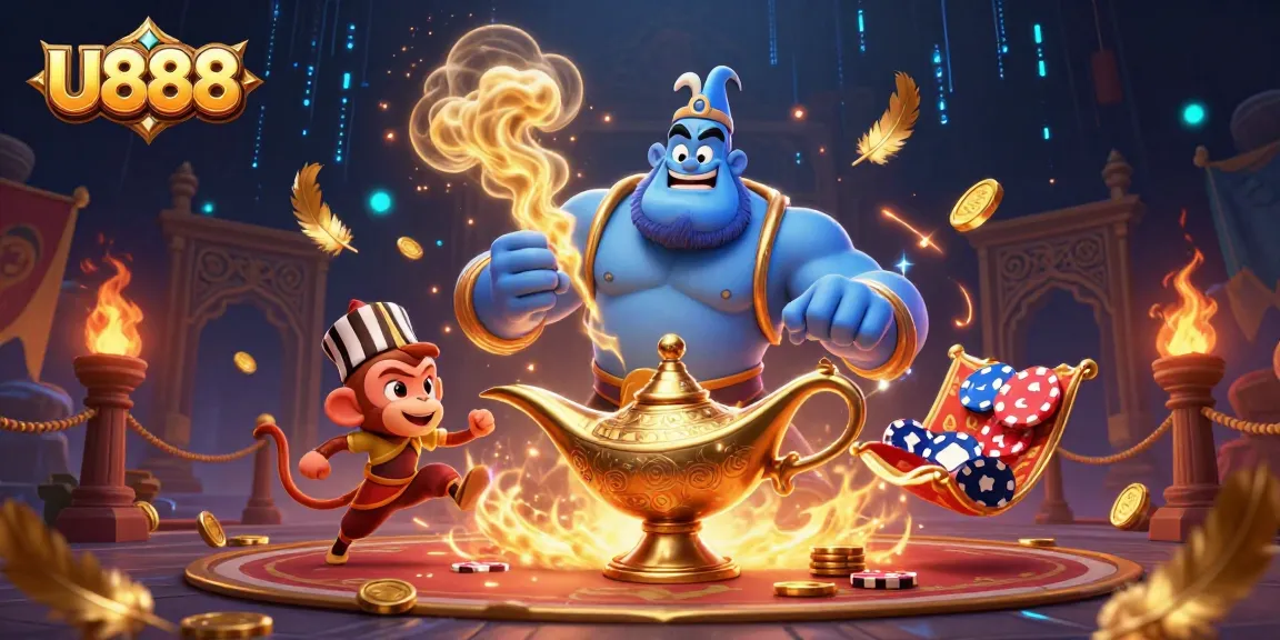 Engage in thrilling online gaming at U888 with a vibrant, dynamic 3D visual featuring a genie, monkey, and magical elements.