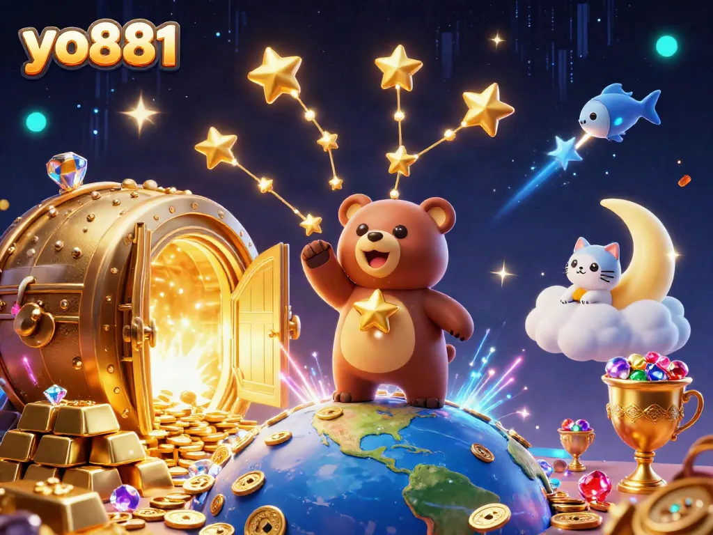 Experience exciting wins at yo881, a dynamic casino scene featuring a constellation bear, treasure, and vibrant casino elements.