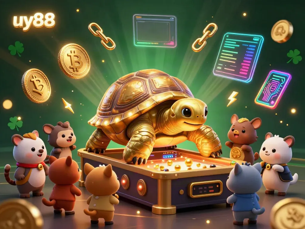 Experience thrilling gameplay at uy88 with a colossal tortoise pinball machine surrounded by animated characters.