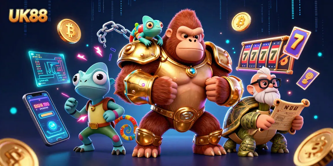 Engage with exhilarating UK88 casino action featuring vibrant characters, slot games, and crypto elements.