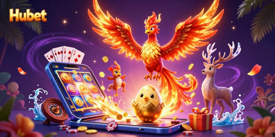 Experience thrilling gaming at Hubet with a fire phoenix and mesmerizing casino elements.