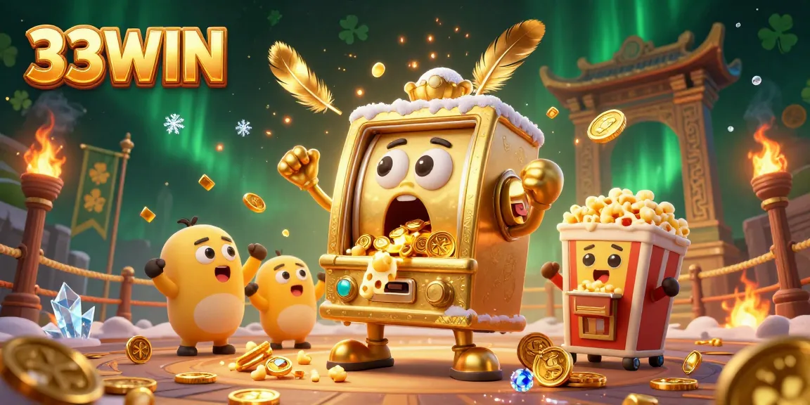 33WIN slot machine surprises as it hits a jackpot, spilling coins amidst cheering companions.