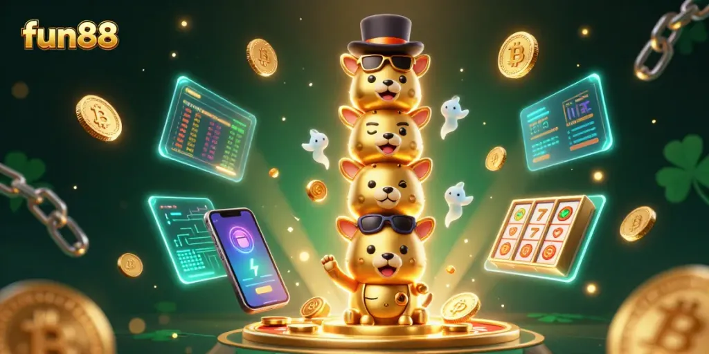 Engage with fun88 casino gaming, illustrated by golden totem and vibrant slot symbols.
