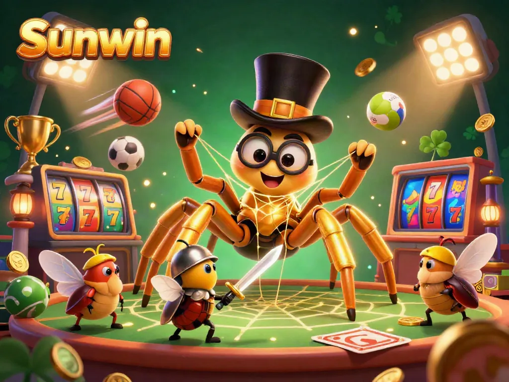 Experience the excitement of Sunwin with a vibrant casino illustration featuring a golden tarantula and slot reels.