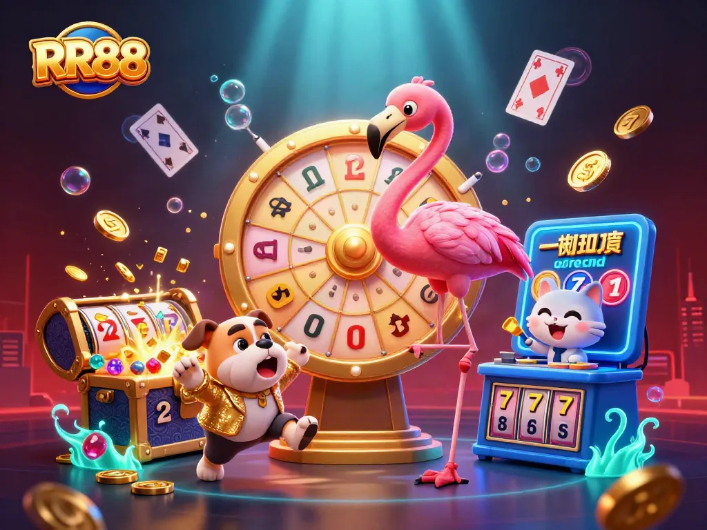 RR88 excitement as the flamingo host spins the prize wheel, surrounded by rich casino elements.