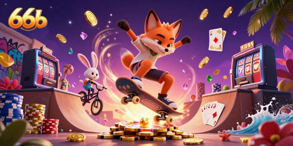 Engaging scene of 66b featuring a skateboarding fox and BMX rabbit amidst casino elements